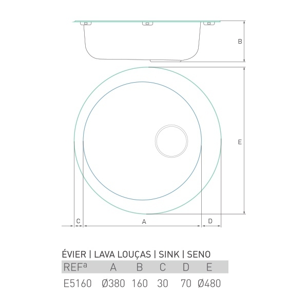 Évier rond à encastrer LUNE 1 bac Ø38 X 16