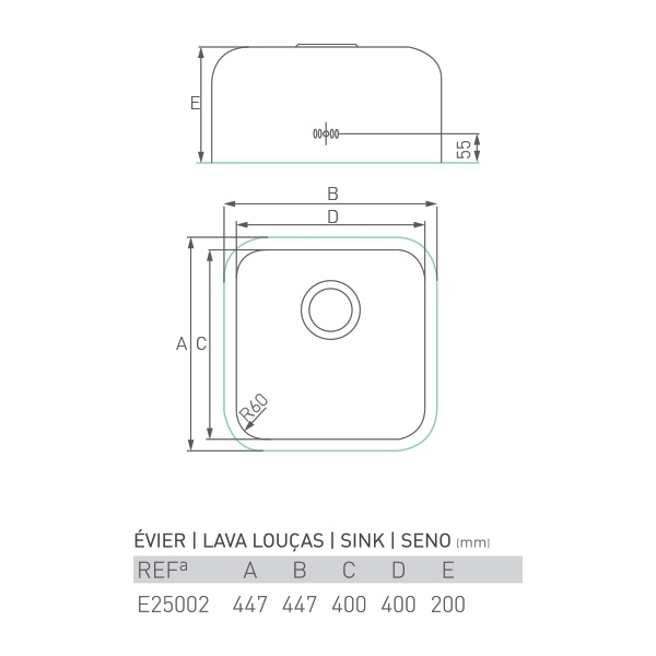 Évier inox à encastrer ZIRCON 1 bac 45 X 45 X 20