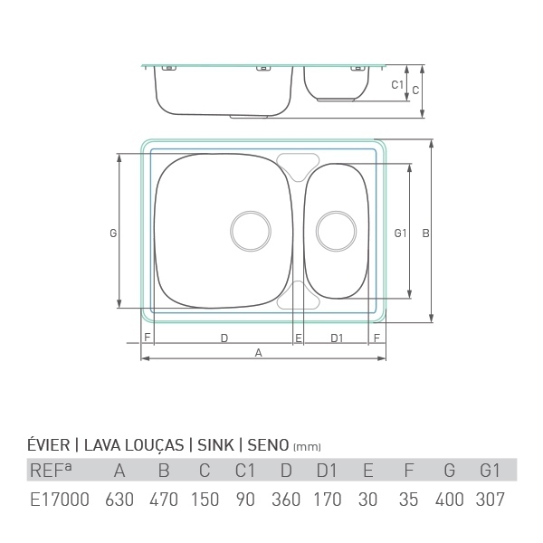 Évier inox à encastrer MARÉE 1 ½ bac 60 x 50