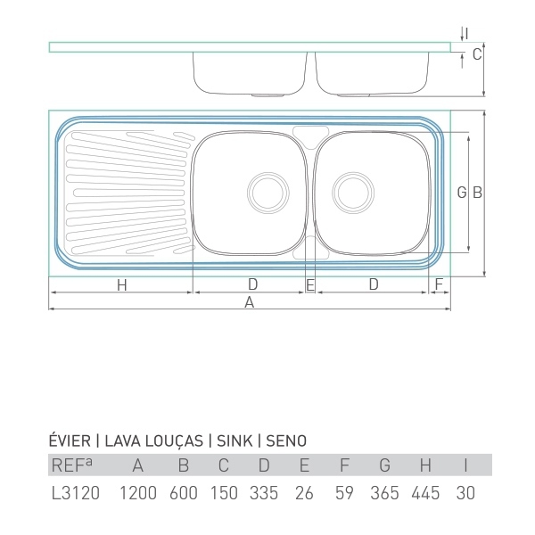 Évier inox à poser NOUVELLE 2 bacs + égouttoir 120 X 60