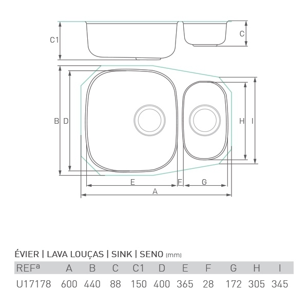 Évier inox sous plan OCÉAN 1 ½ bac 60 X 44