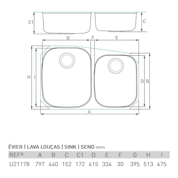 Évier inox sous plan OCÉAN 1½ bac 80 x 50