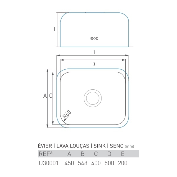 Évier inox sous plan TOPAZE 1 bac 50 X 40 X 20