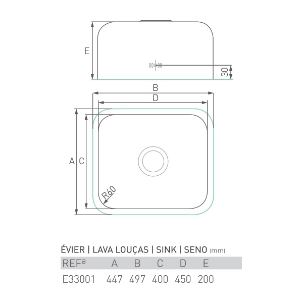 Évier inox sous plan AGATE 1 bac 45 X 40 X 20