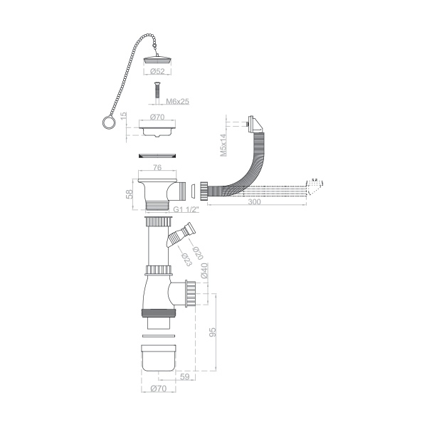 Bonde avec trop-plein + siphon 1 cuve pour évier Ø 70 mm