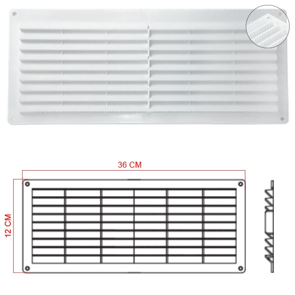 Grille polypropylène rectangulaire d'aération et ventilation 12x36